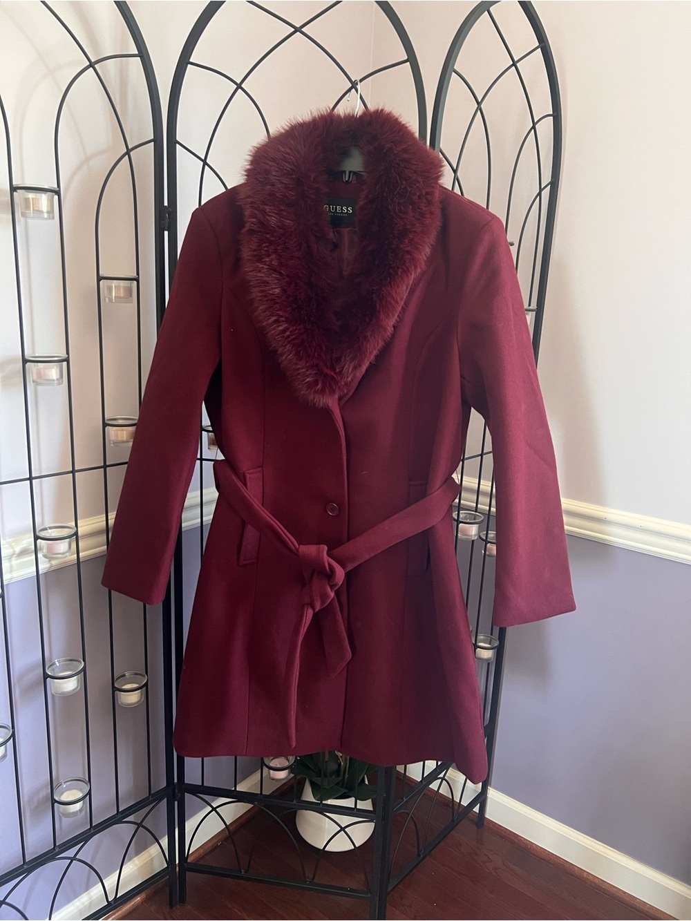 GUESS Burgundy Belted Trench Coat with Faux-Fur Collar